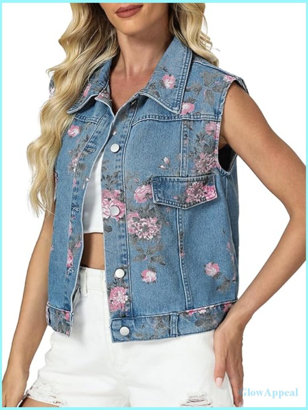 Sleeveless Floral Printed Denim Vest Cropped Jean Jacket Vest